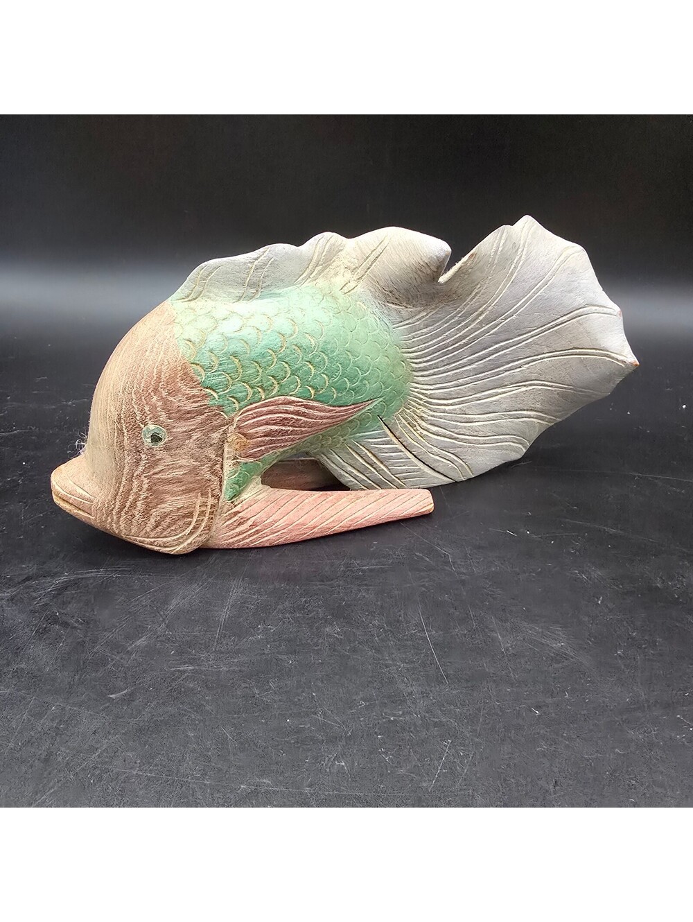 Vintage Hand Carved Wooden Fish Sculpture 9" Pastel Green Salmon Coastal Folk
